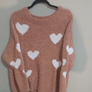Heart Patterned Crew Neck Sweater - Tan and White